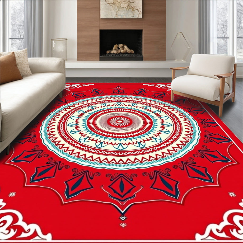 Bold Circular Red Teal Medallion Rug