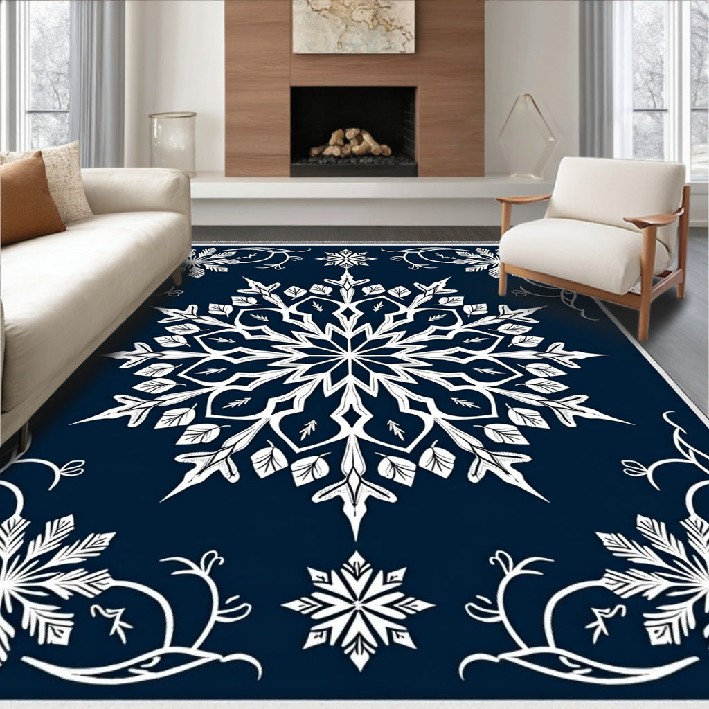 Midnight Blue Snowflakes In Scrolled Frame Rug