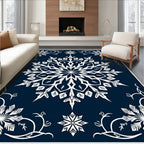 Midnight Blue Snowflakes In Scrolled Frame Rug