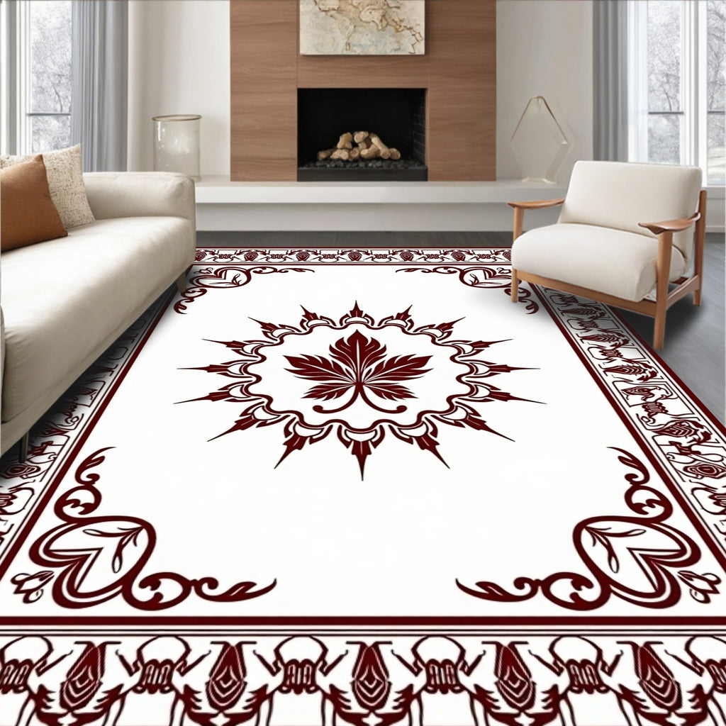 Dark Red Leaf Medallion Border Rug