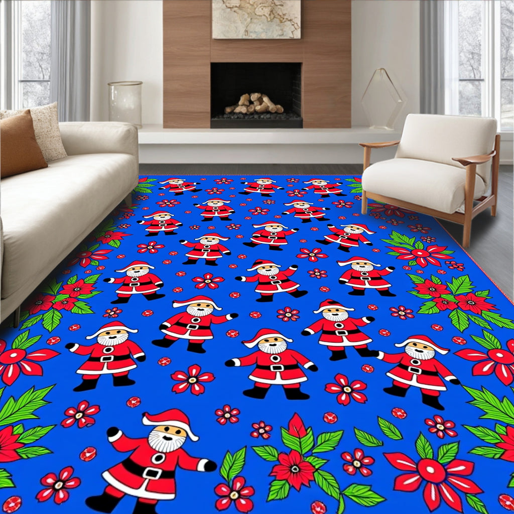 Holiday Santa Claus Red Poinsettia Border Rug