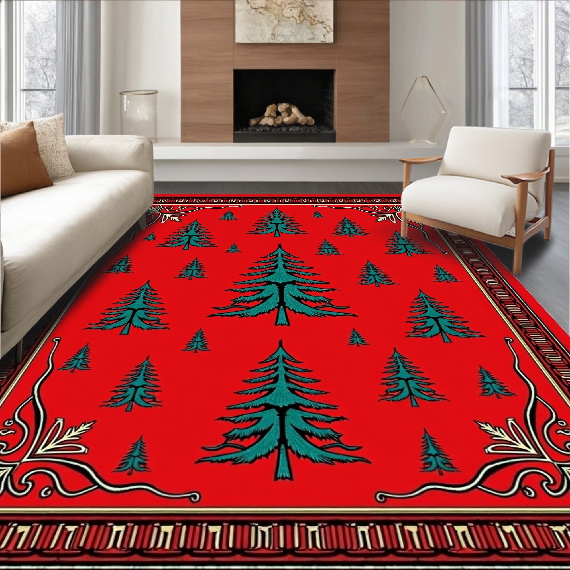 Red Evergreen Tree Forest Border Rug