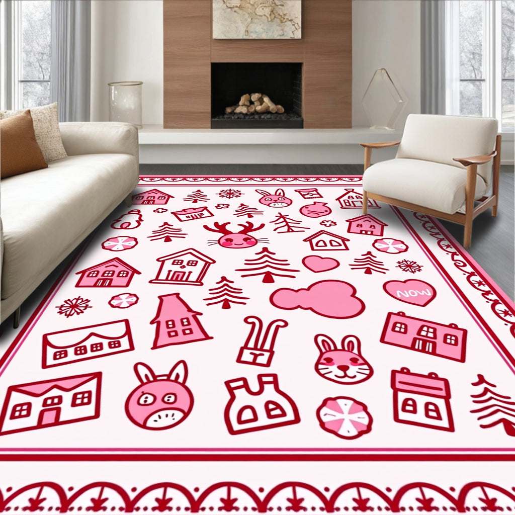 Pink Whimsical Winter Village Characters Rug
