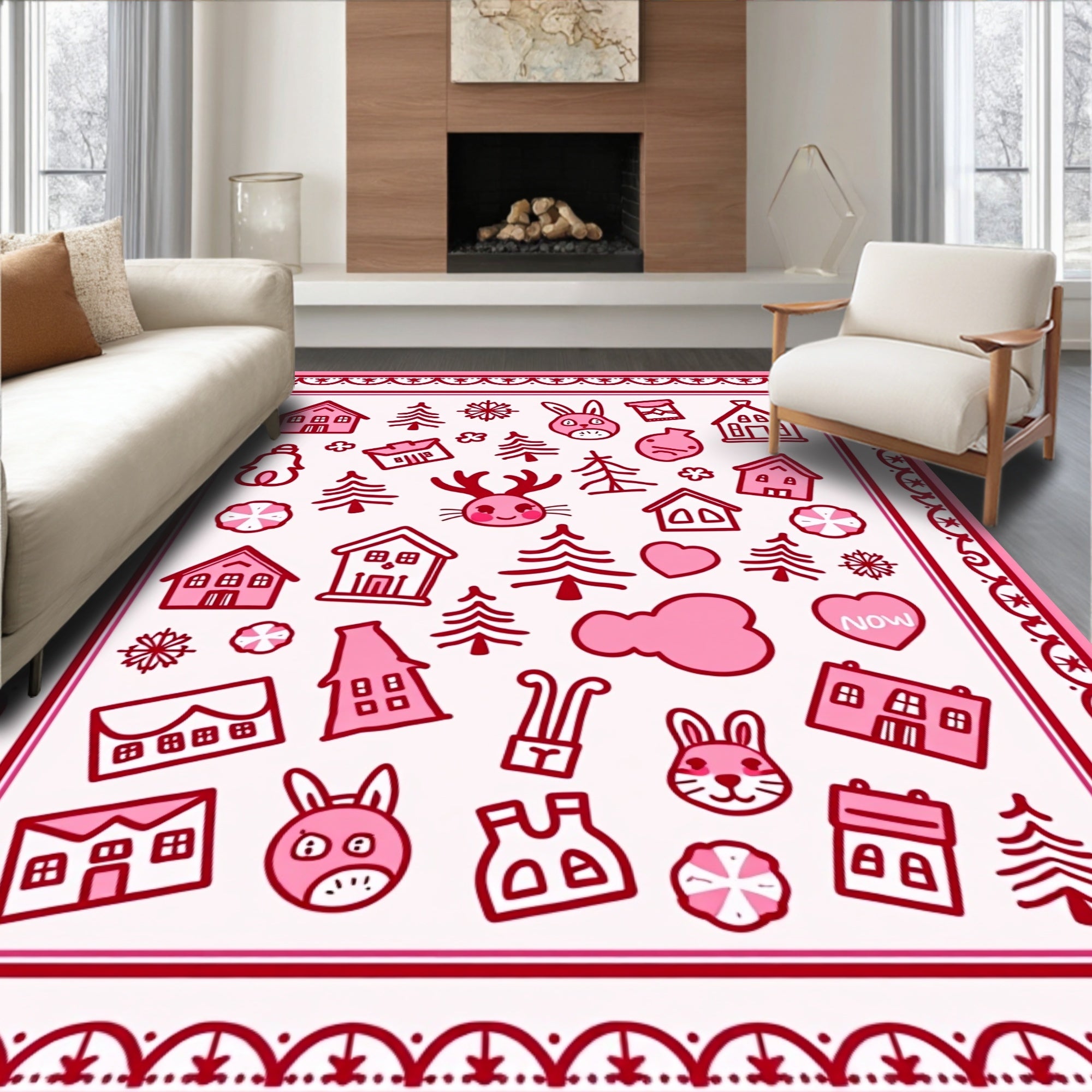 Pink Whimsical Winter Village Characters Rug
