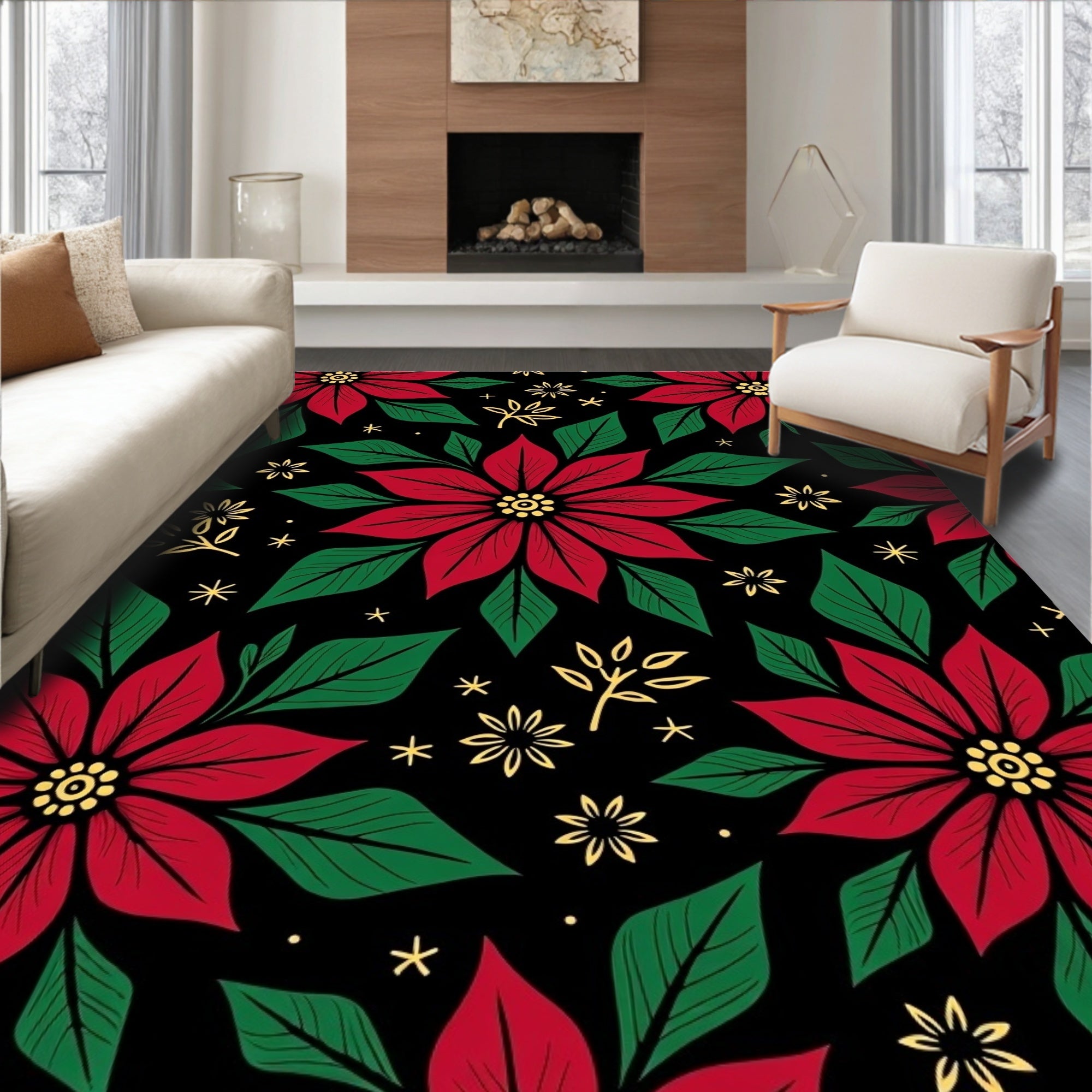 Vibrant Red Poinsettia Floral Garden Rug