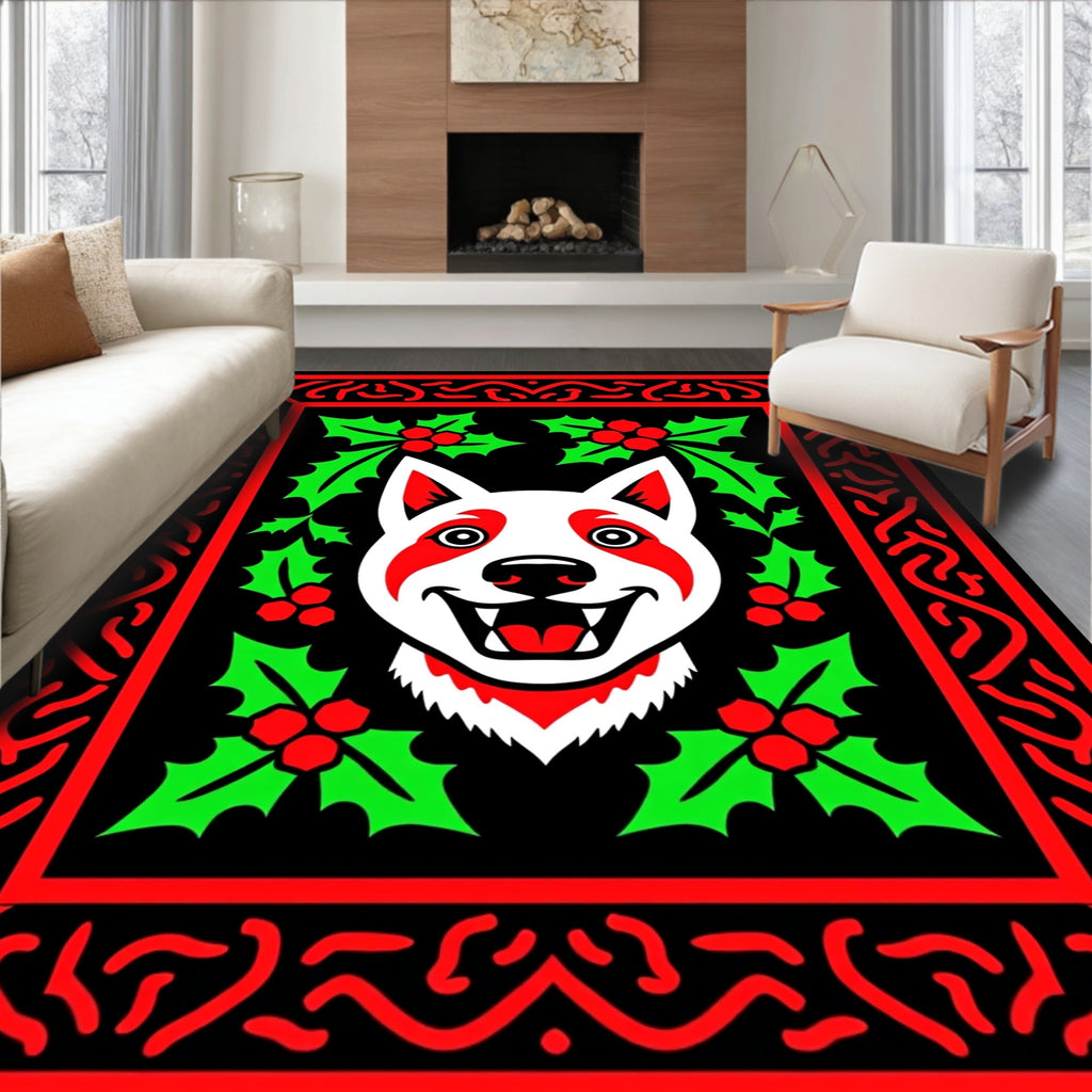 Happy Red White Dog Holly Border Rug