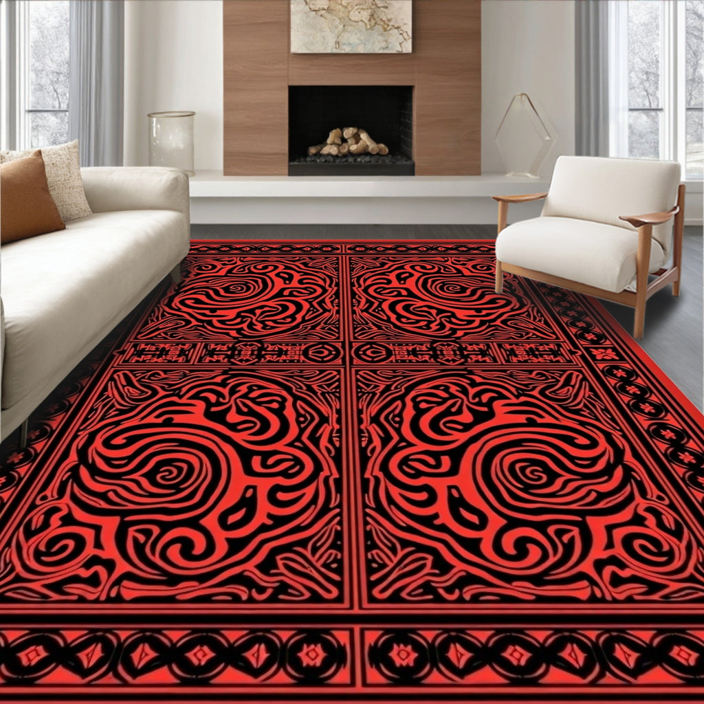 Crimson Black Ornate Scrollwork Panels Rug