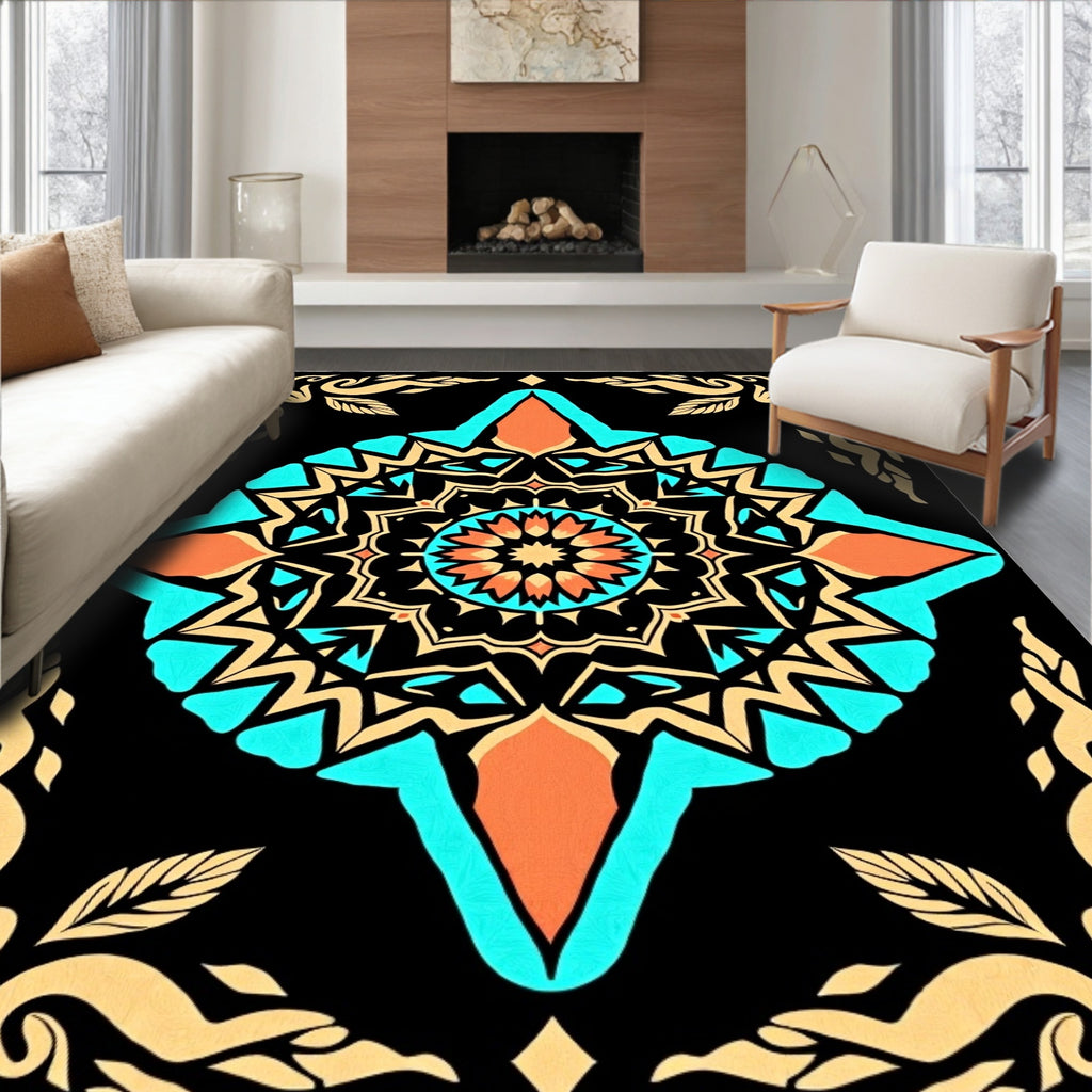 Geometric Teal Orange Starburst Medallion Rug