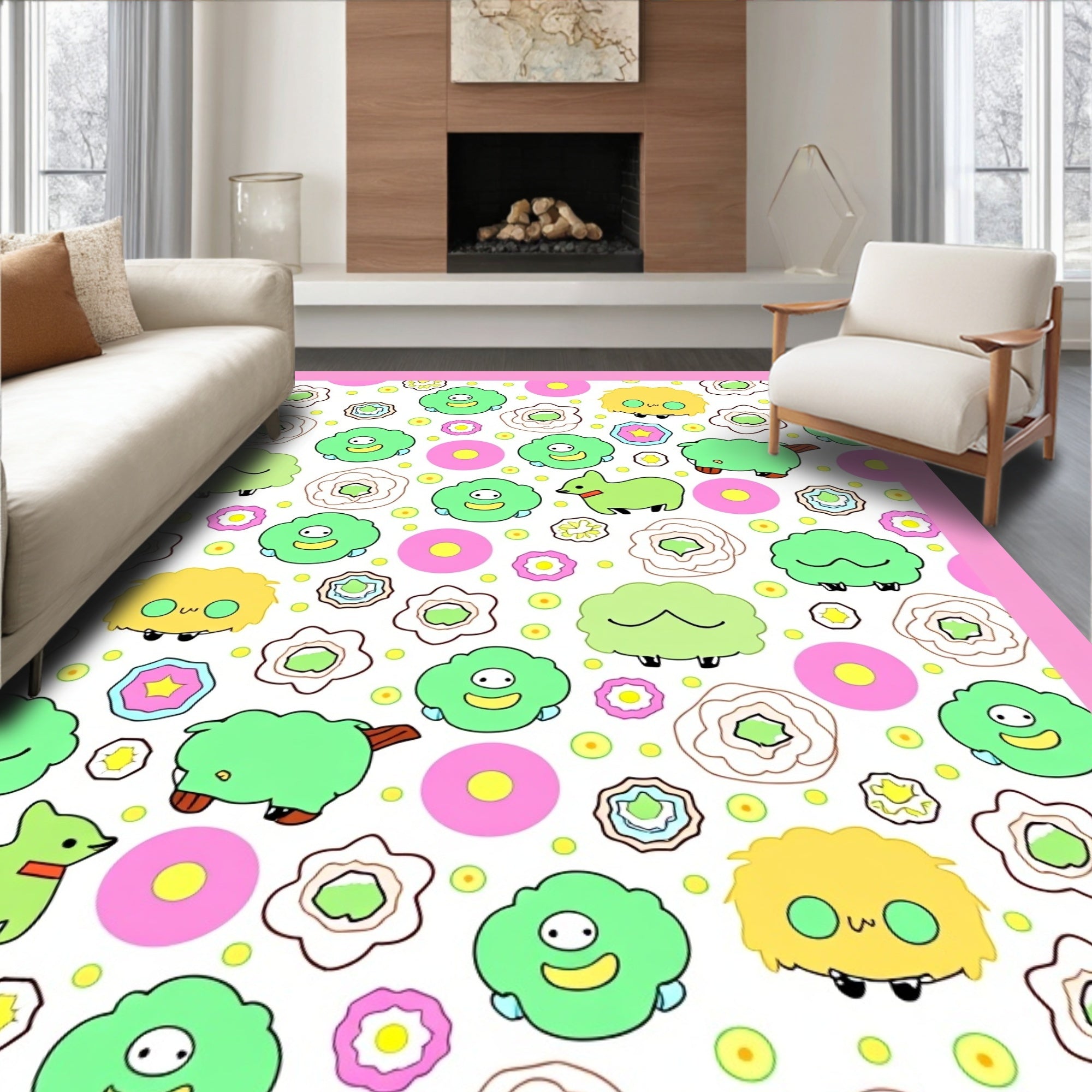 Whimsical Green Creatures Pink Circles Rug
