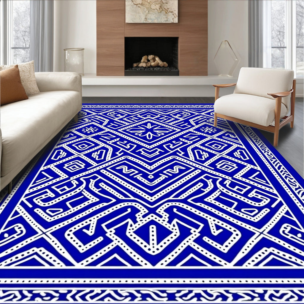 Bold Blue White Intricate Geometric Rug