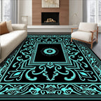 Black Cyan Floral Medallion Border Rug