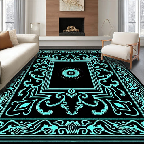 Black Cyan Floral Medallion Border Rug