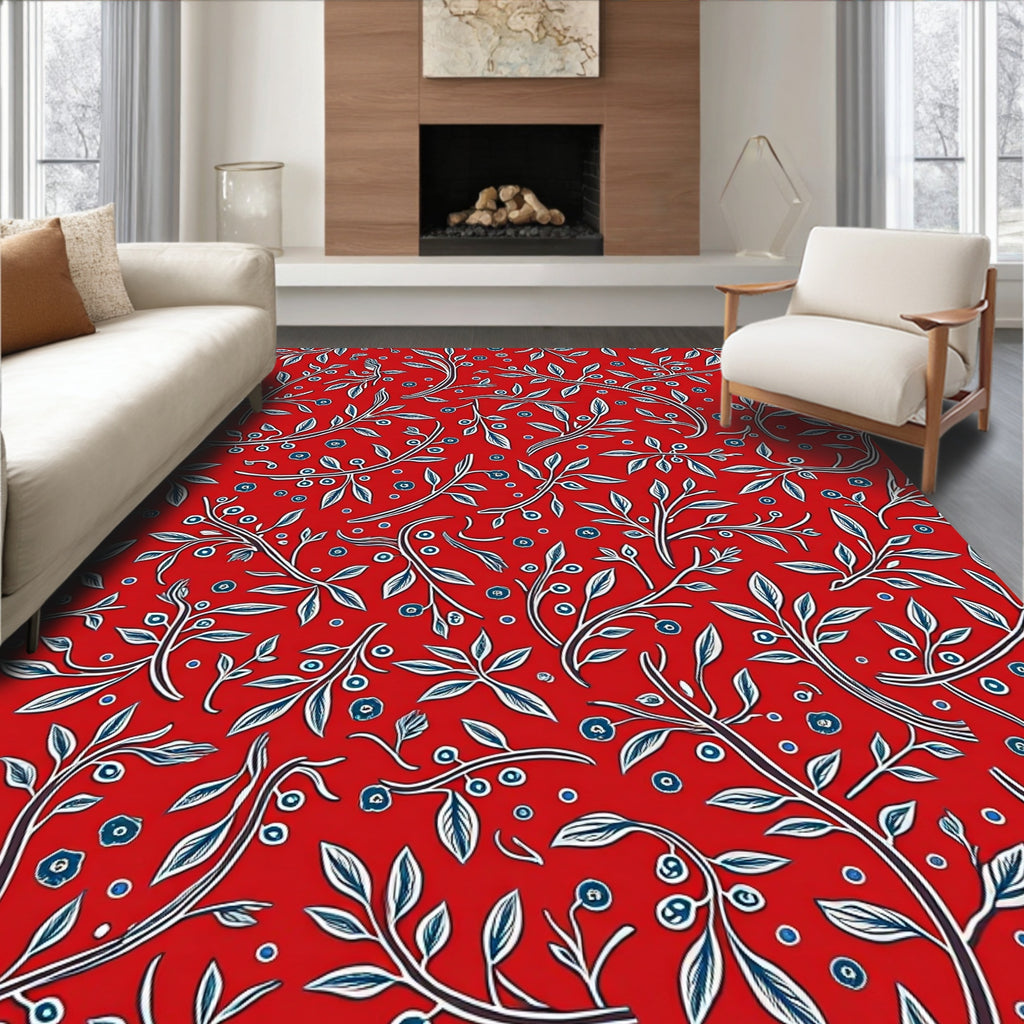 Red Blue Branch Berry Whimsical Rug