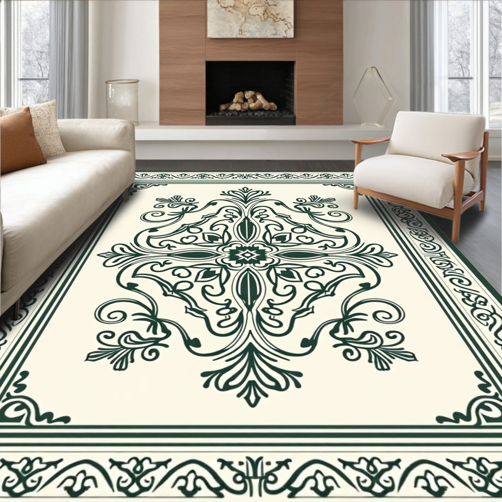 Dark Green Floral Medallion Cream Rug