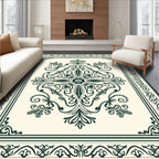 Dark Green Floral Medallion Cream Rug