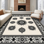 Cream Black Sunburst Floral Medallion Frame Rug