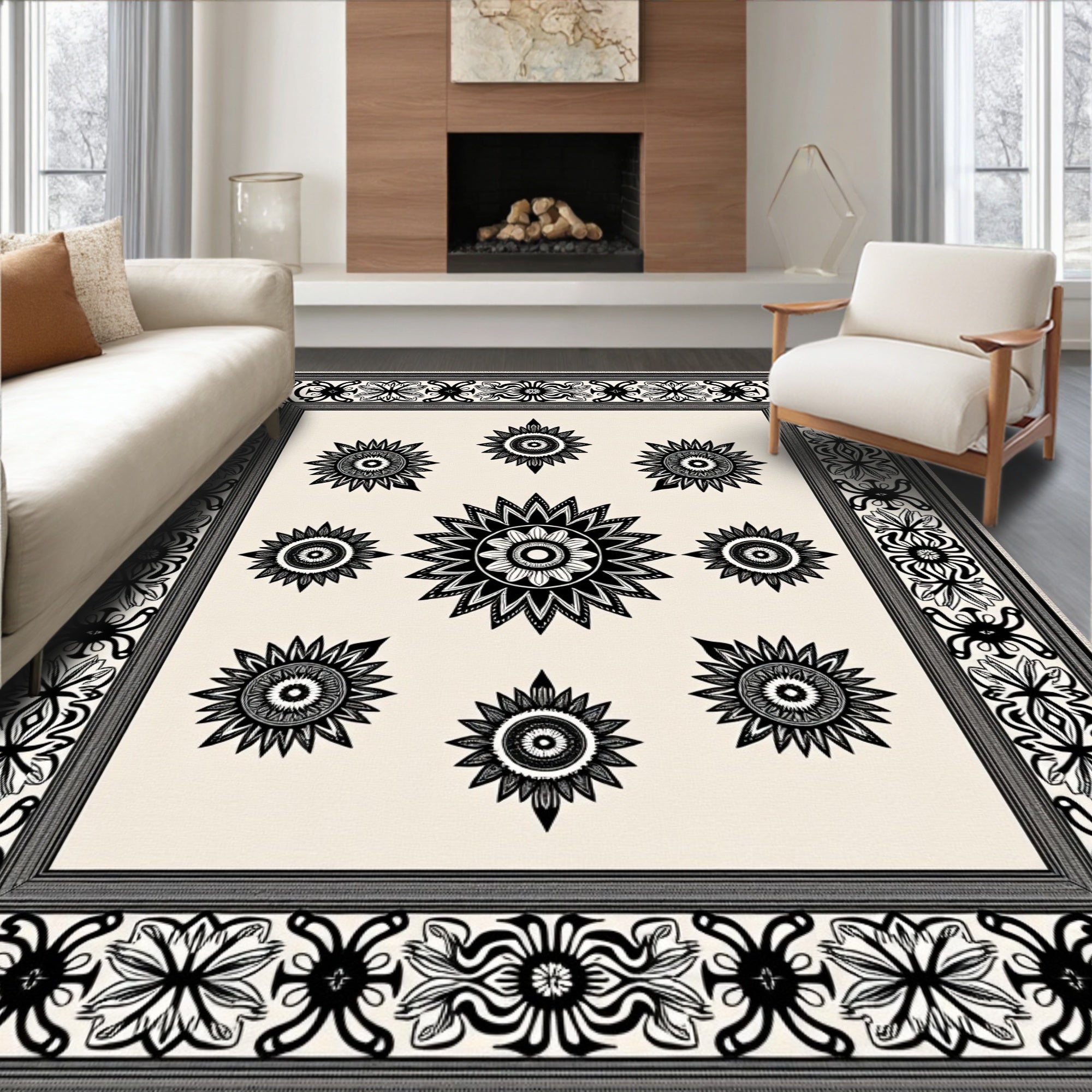 Cream Black Sunburst Floral Medallion Frame Rug