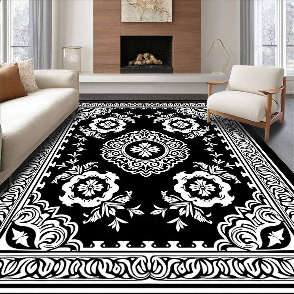 Bold Black and White Floral Medallion Rug