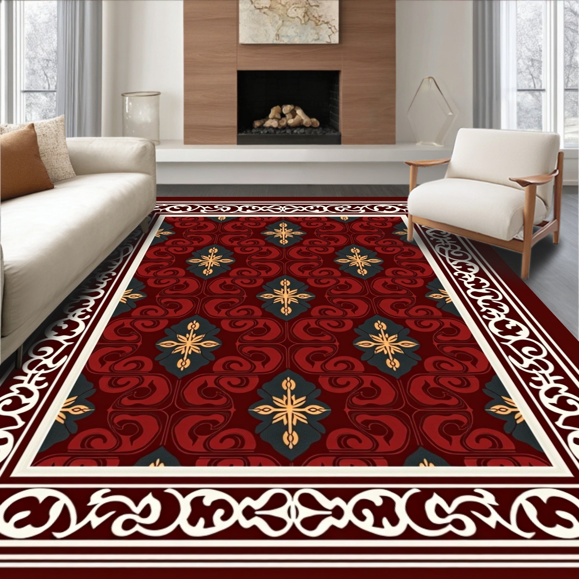 Crimson Gold Leaf Swirl Medallion Rug