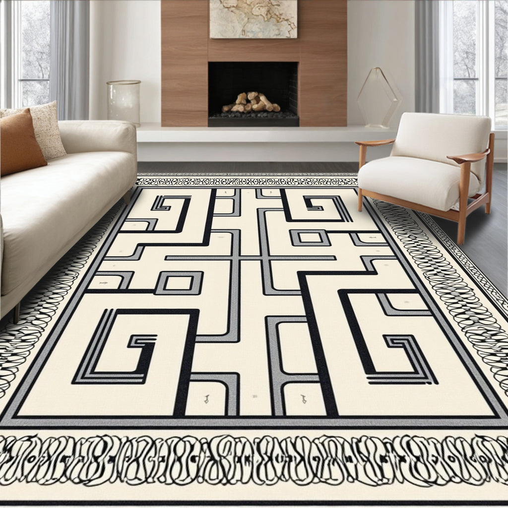 Modern Black White Geometric Labyrinth Rug