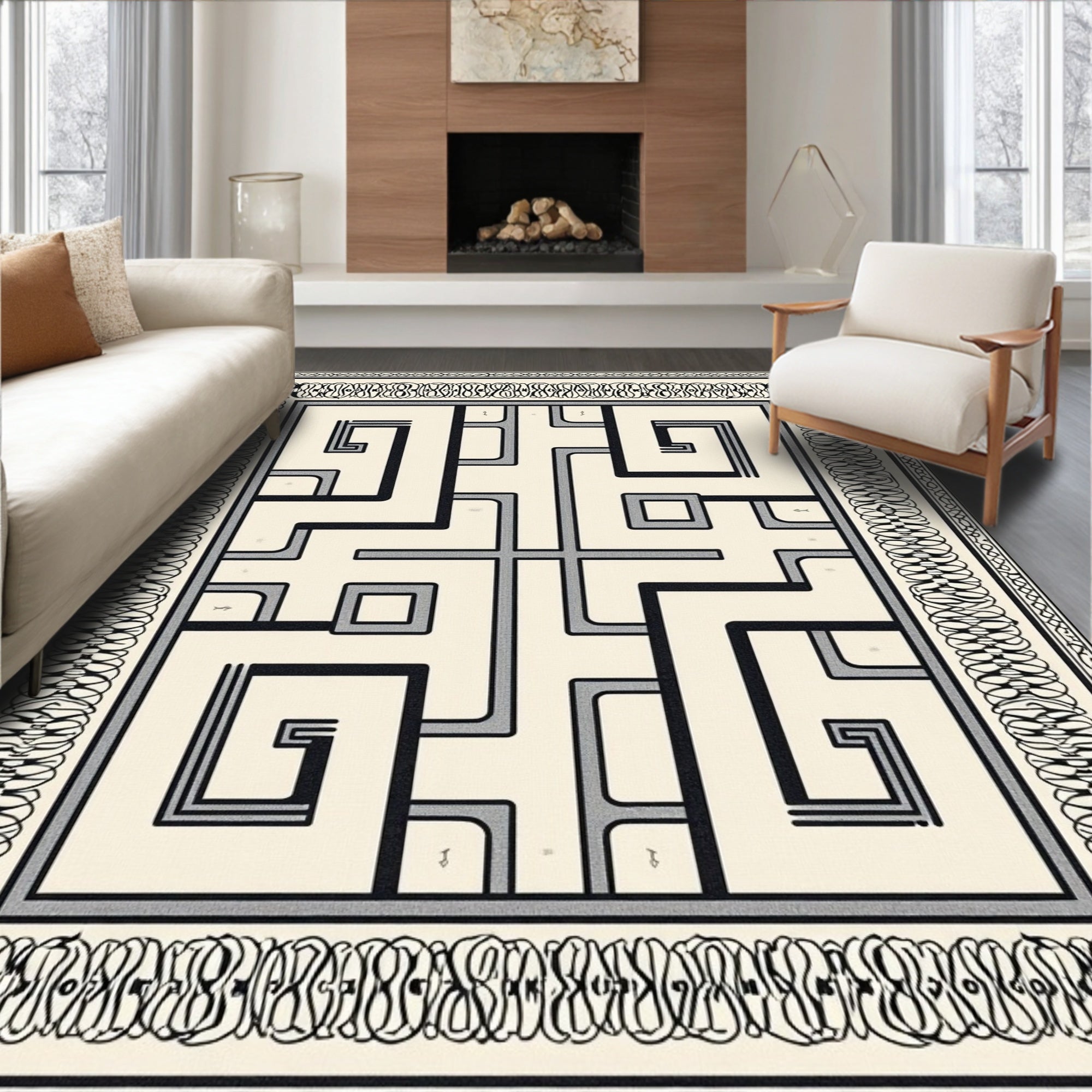 Modern Black White Geometric Labyrinth Rug
