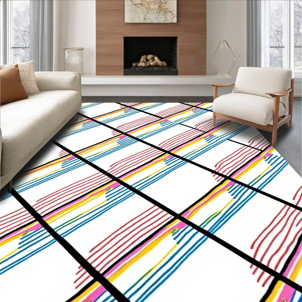 Energetic Rainbow Diagonal Stripe Grid Rug