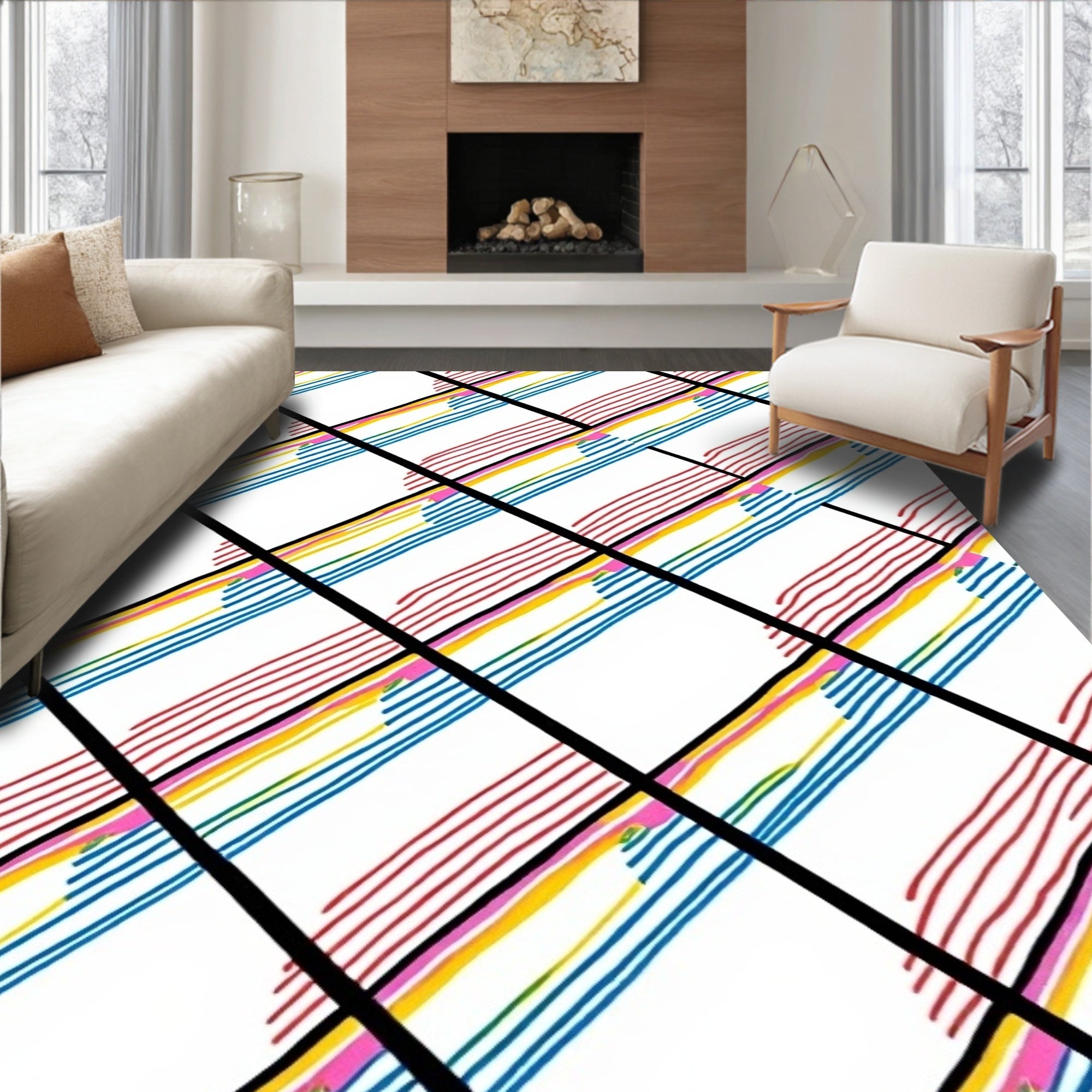 Energetic Rainbow Diagonal Stripe Grid Rug