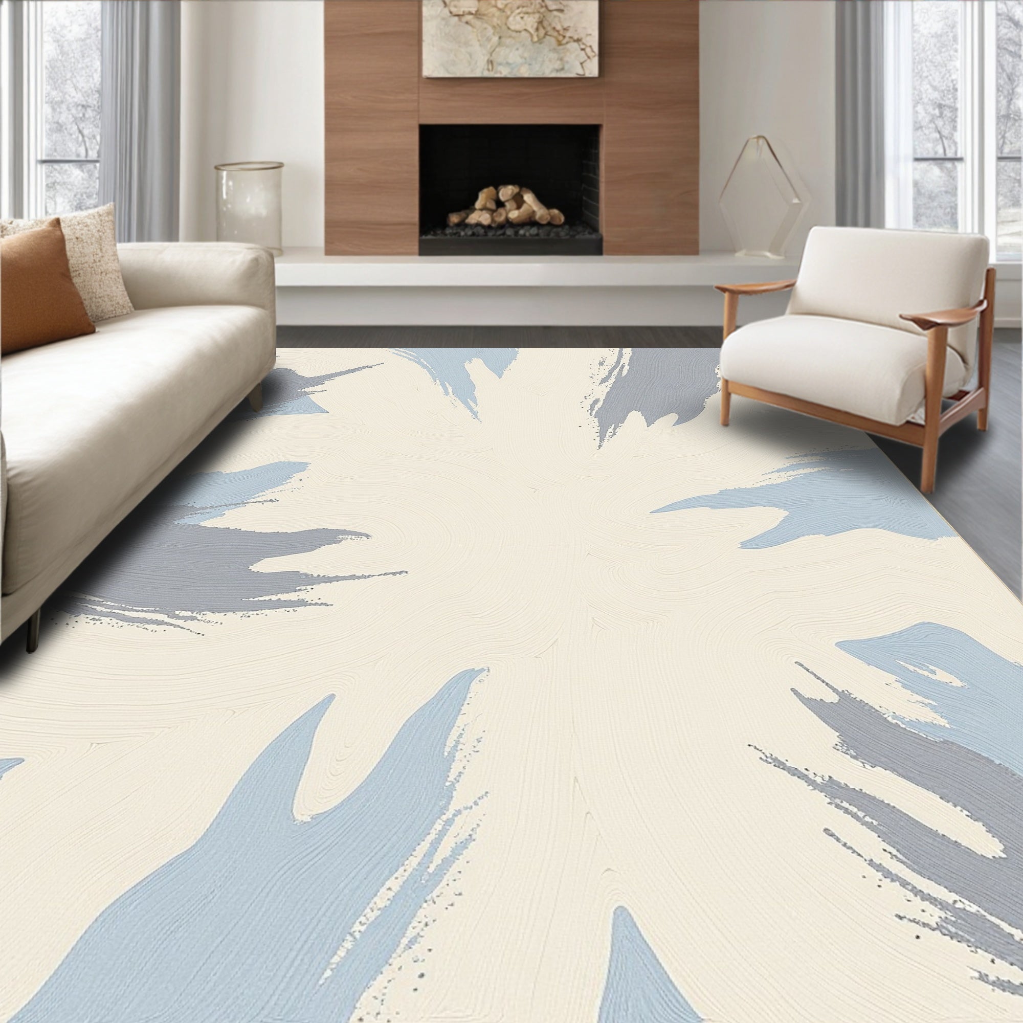 Soft Blue Gray Brushstrokes Abstract Rug