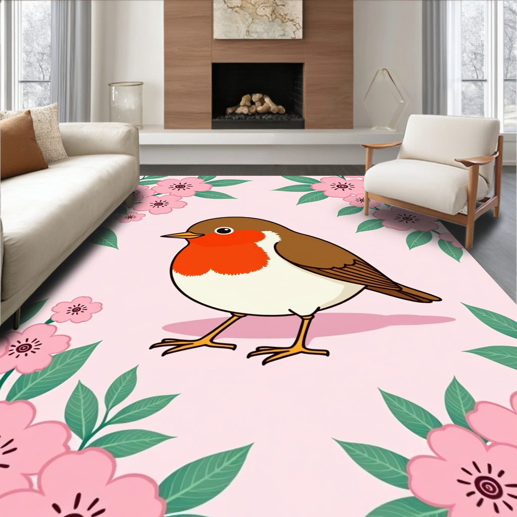 Robin With Pink Cherry Blossom Garden Rug