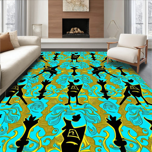 Black Folk Art Turquoise Golden Swirl Rug