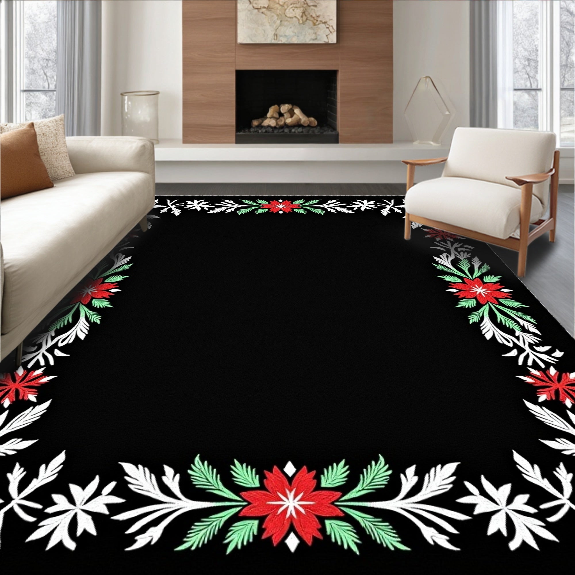 Black Crimson Floral Leaf Border Rug