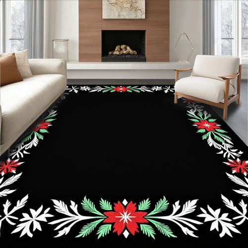 Black Crimson Floral Leaf Border Rug