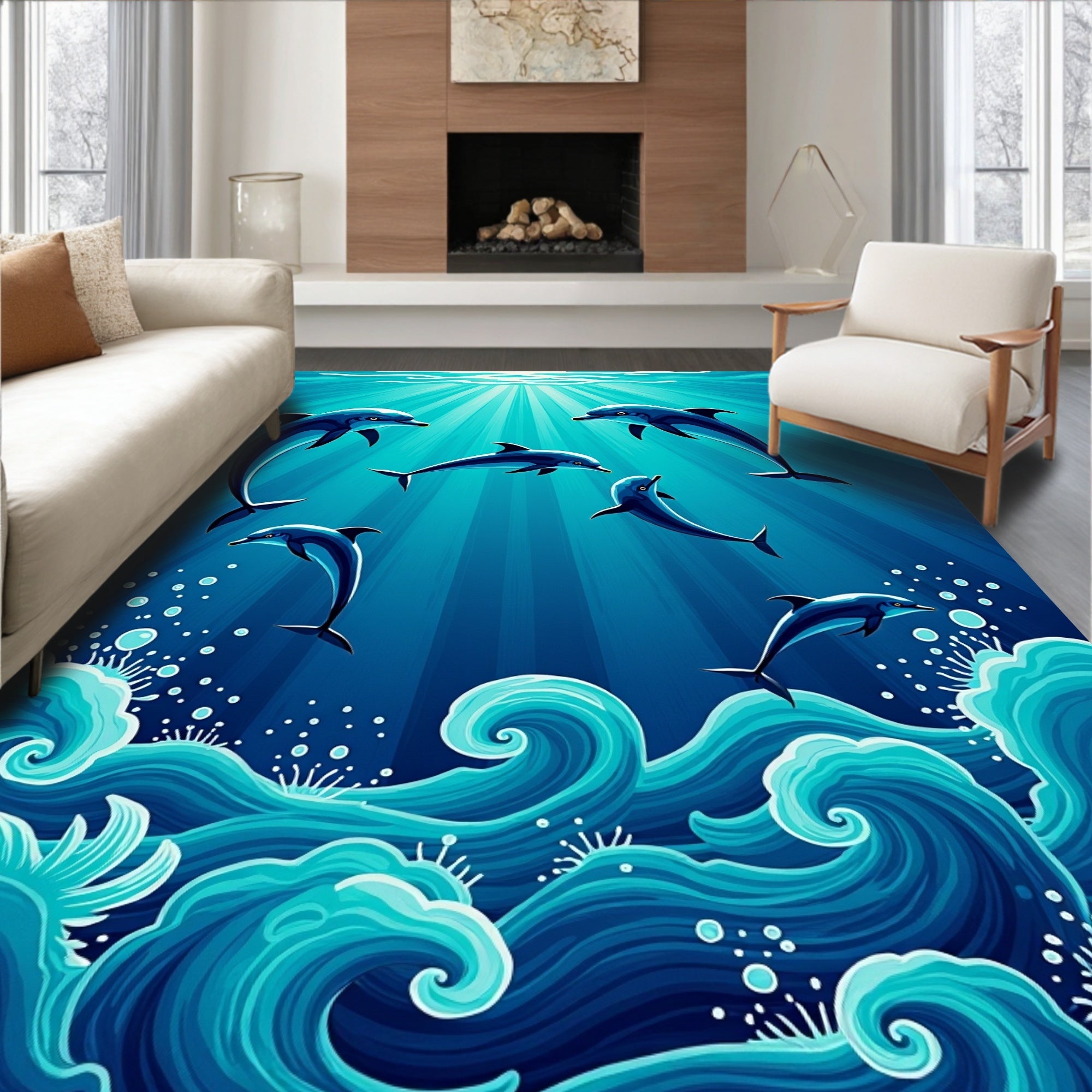 Ocean Dolphins Underwater Blue Waves Rug