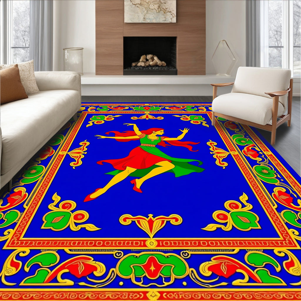 Vibrant Blue Dancer Floral Frame Rug
