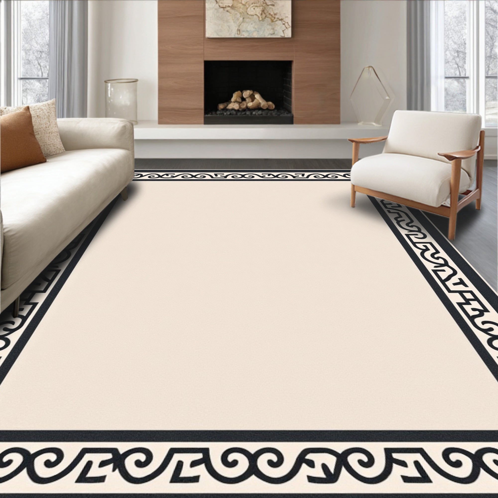 Black Geometric Border Cream Field Rug