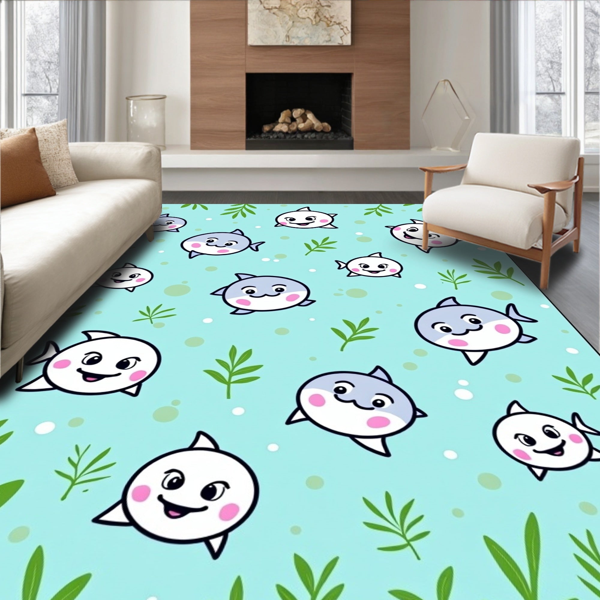 Playful Blue Gray Fish Aquatic Scene Rug