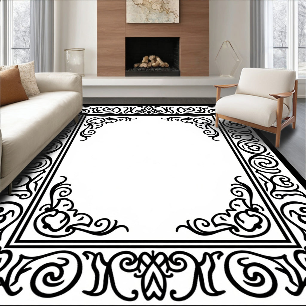 Black White Ornate Border Scrollwork Rug
