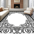 Black White Ornate Border Scrollwork Rug