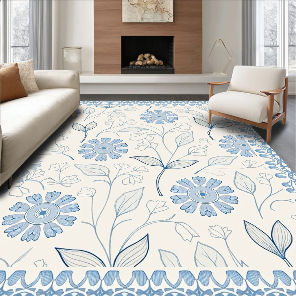 Classic Blue Floral Garden Motif Rug