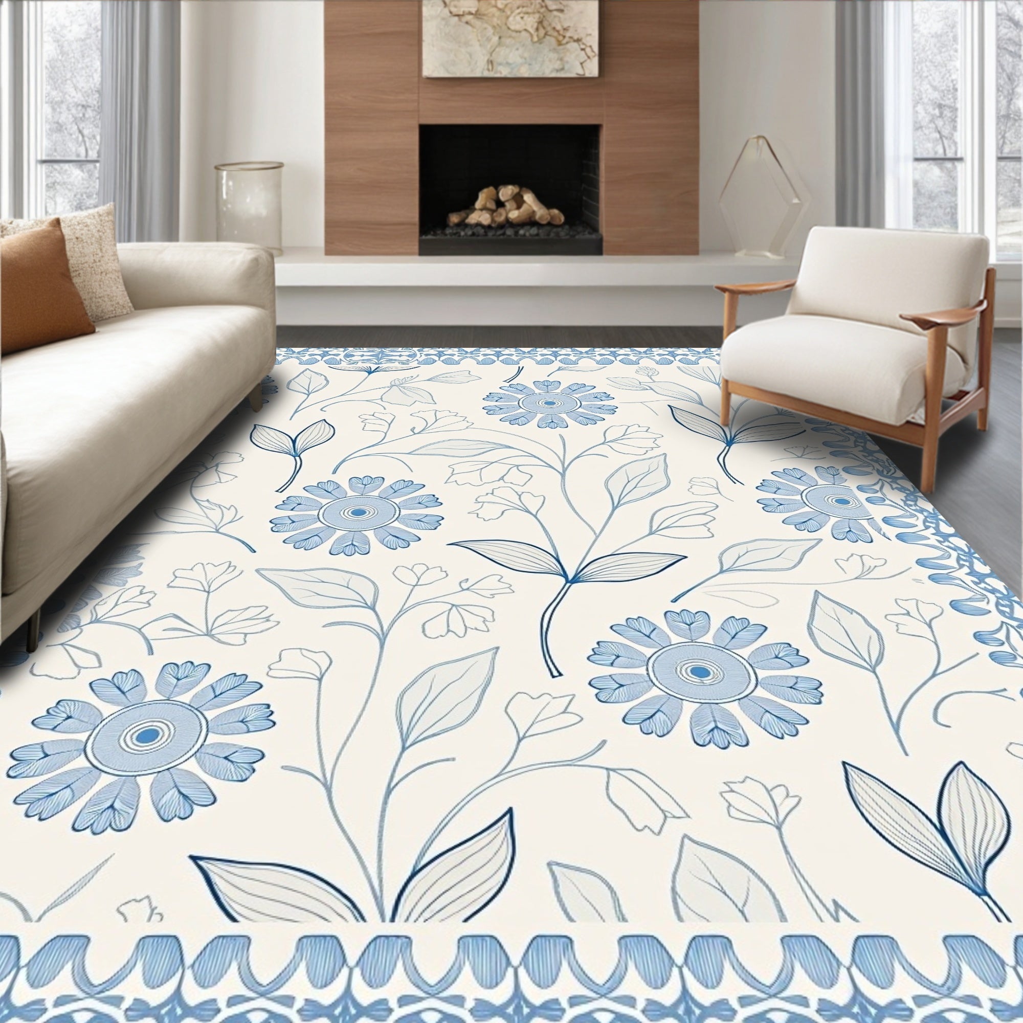 Classic Blue Floral Garden Motif Rug