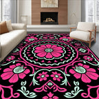Vibrant Pink Floral Mandala Black Rug