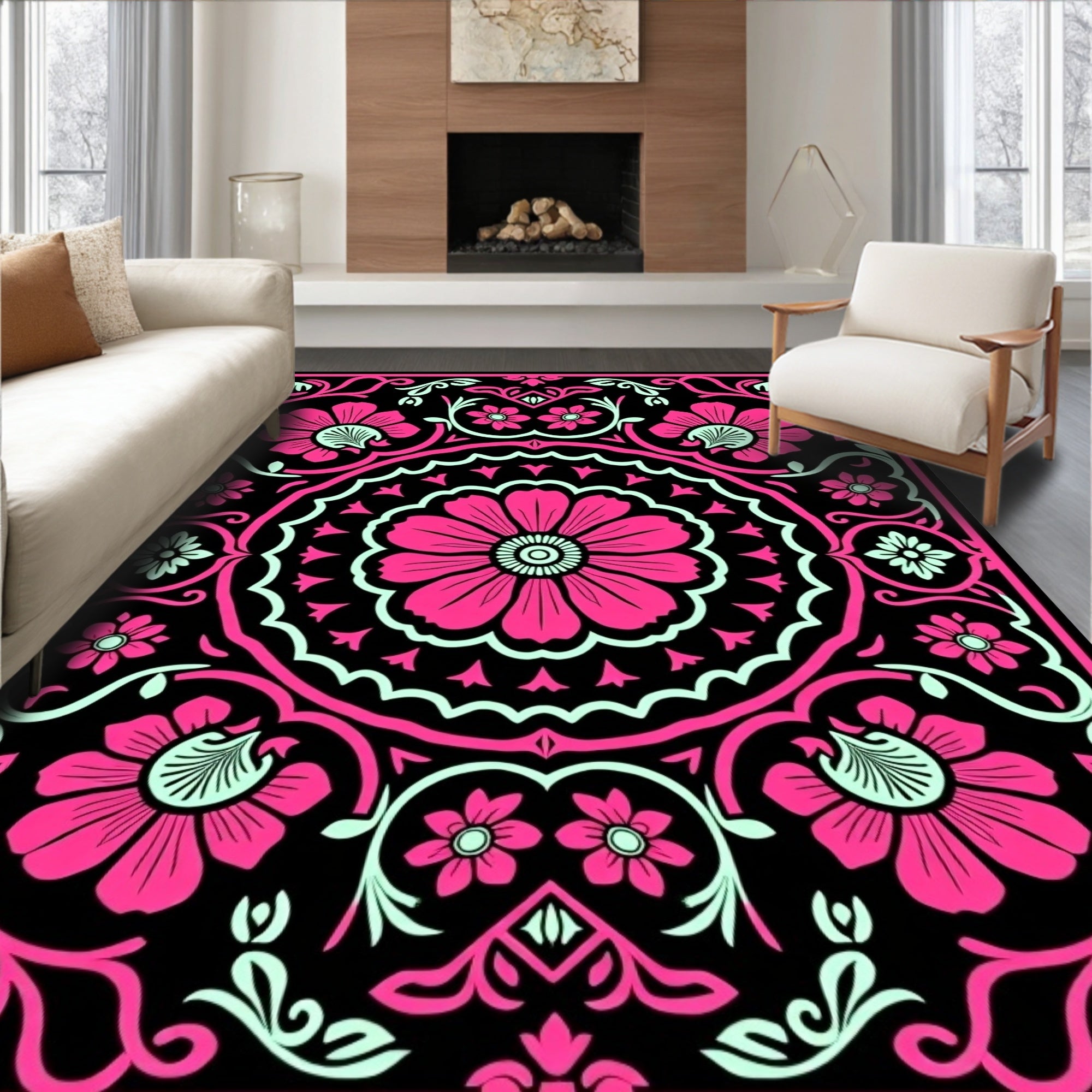 Vibrant Pink Floral Mandala Black Rug