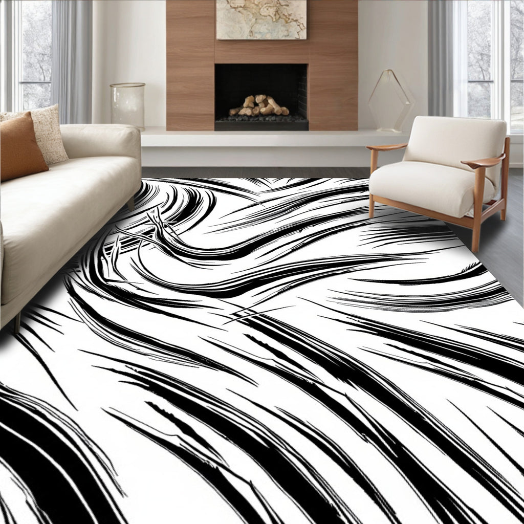 Dynamic Black White Brushstroke Abstract Rug