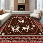 Brown Red Festive Reindeer Sleigh Scene Rug