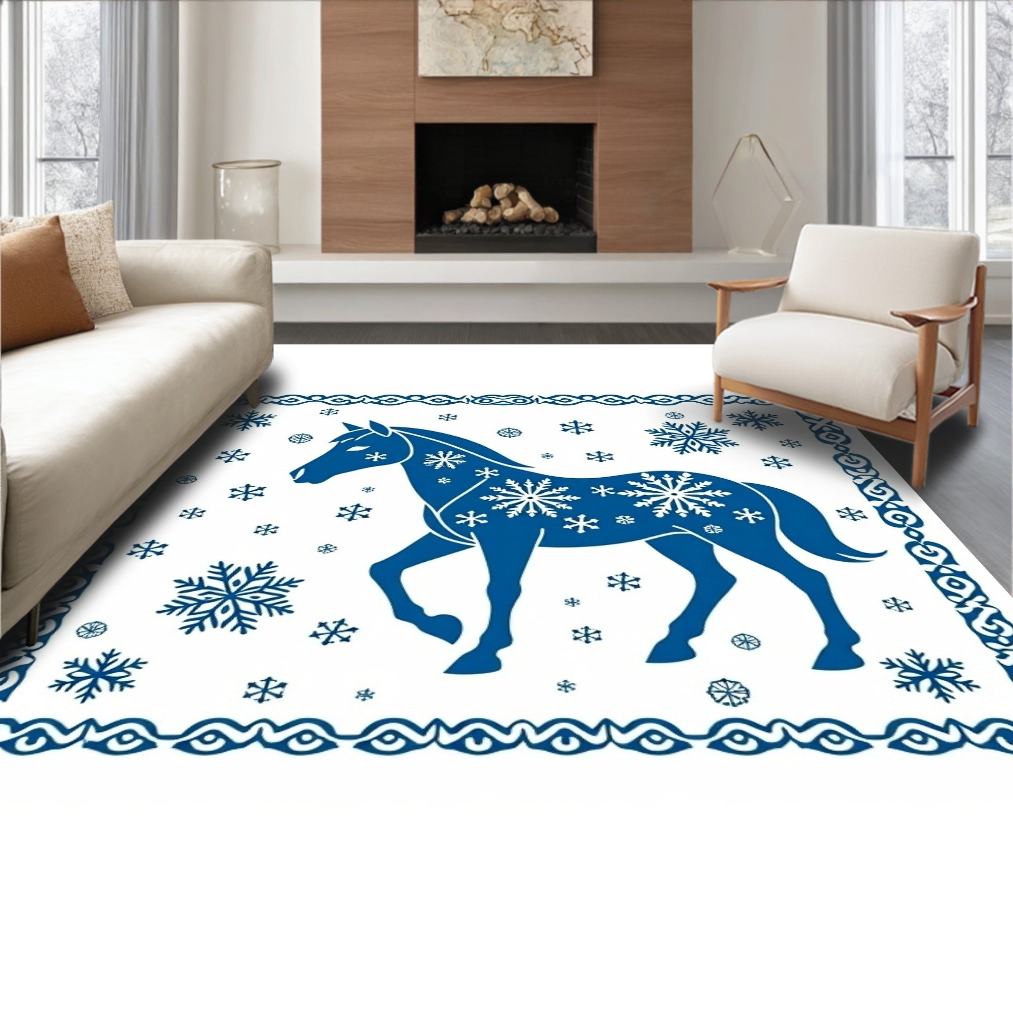 Blue Horse Snowflakes Framed Rug