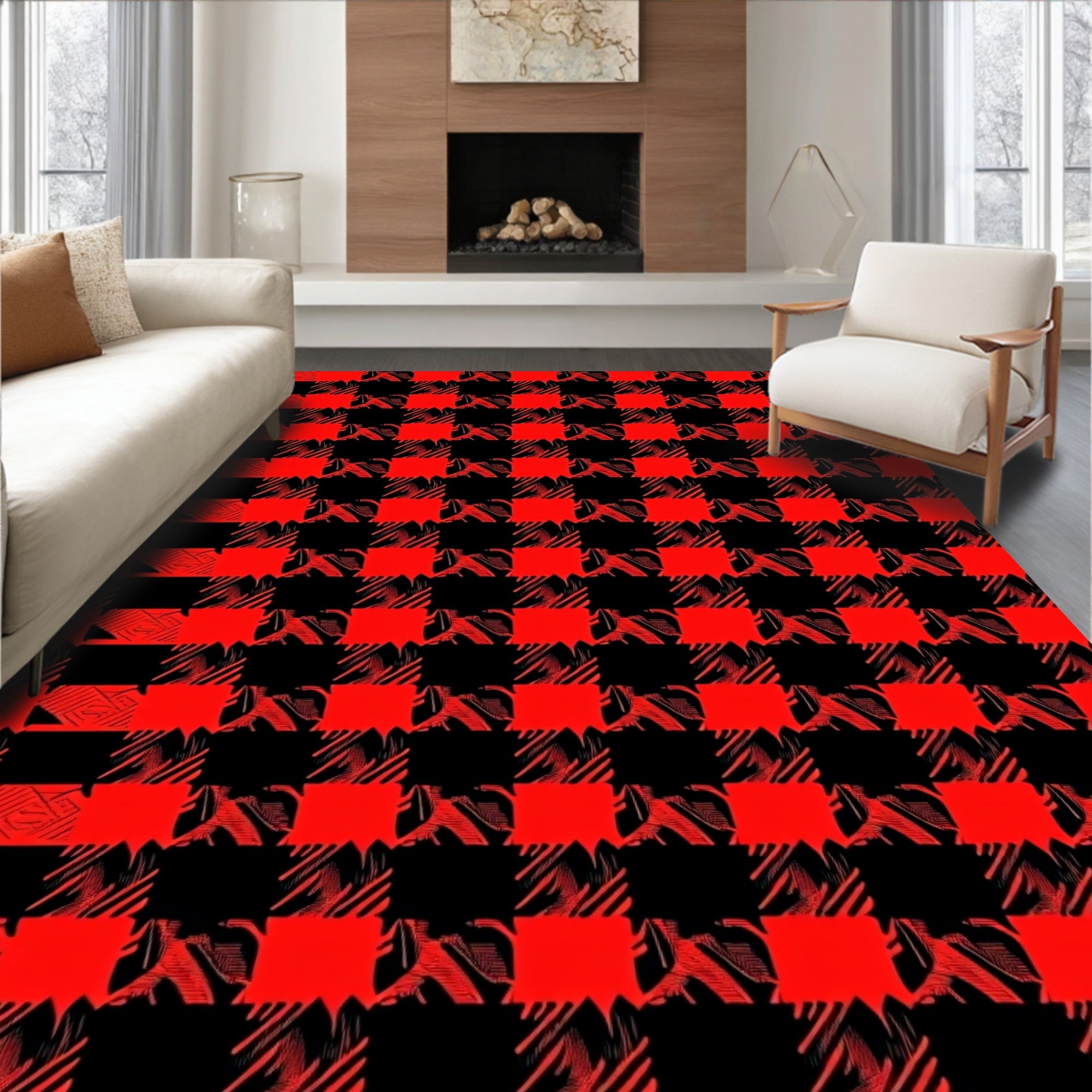 Crimson Black Textured Buffalo Check Rug