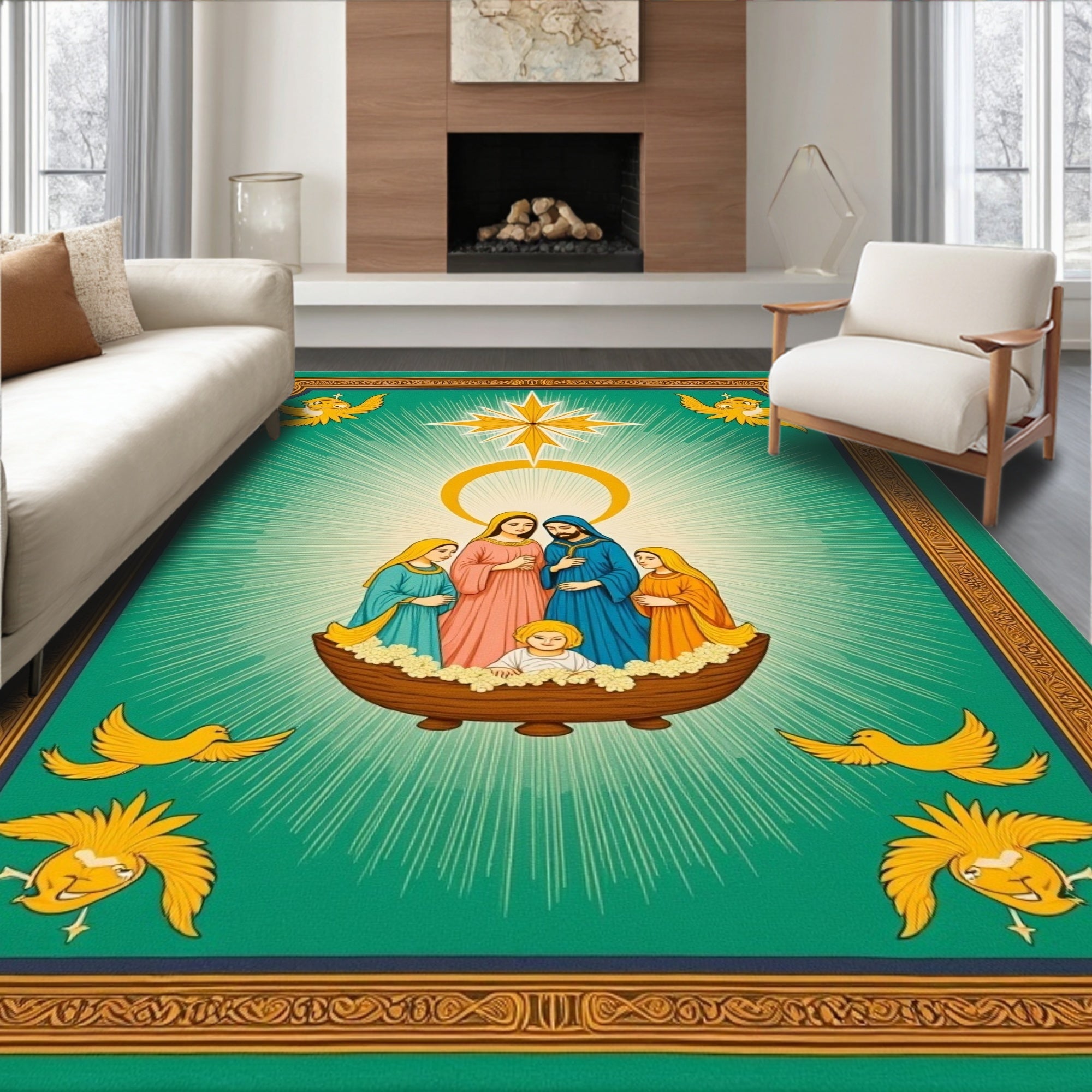 Emerald Green Holy Family Nativity Birds Rug