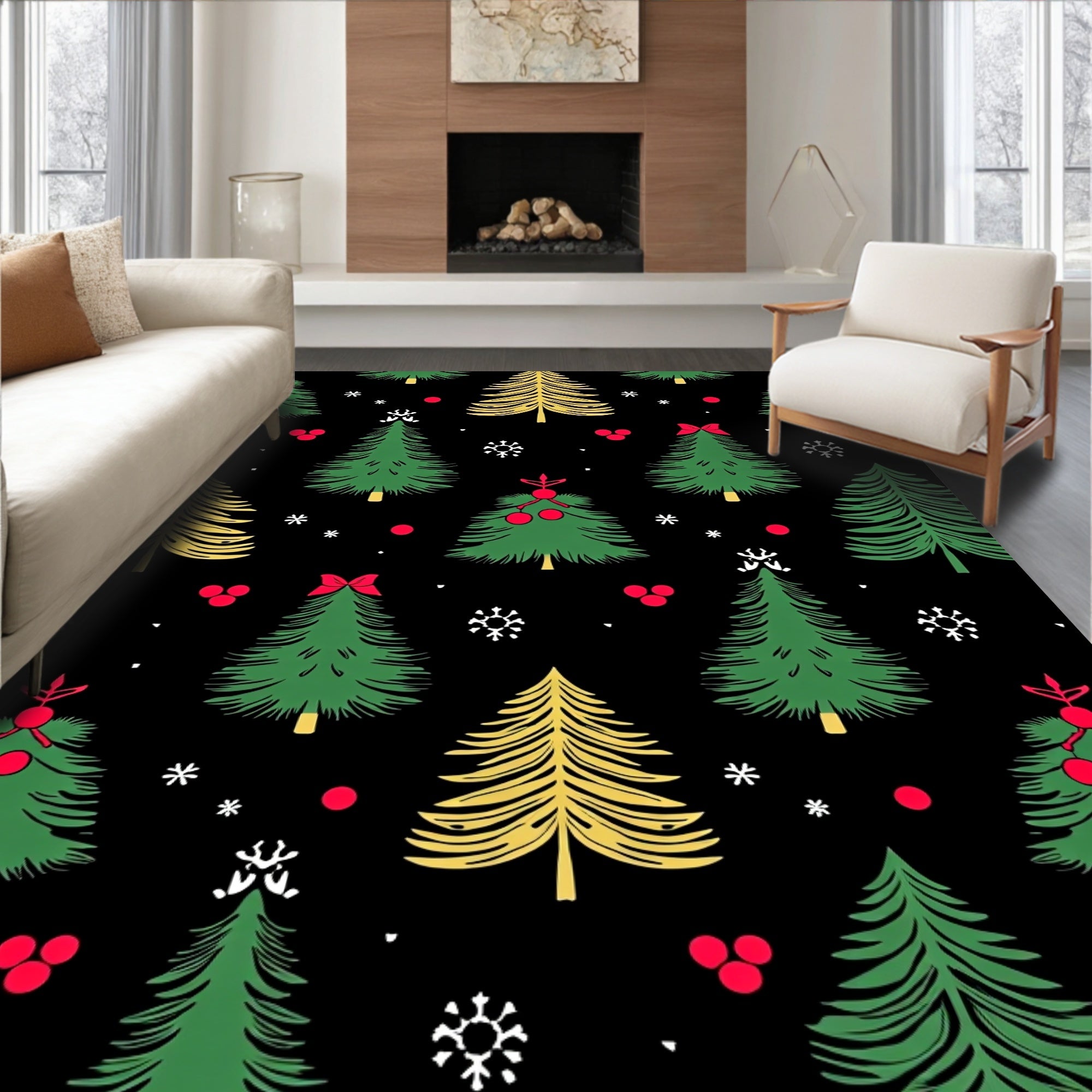 Festive Green Yellow Christmas Trees Rug