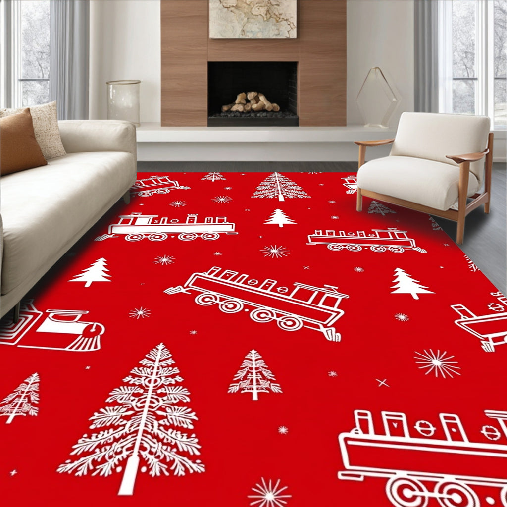 Red White Train Christmas Tree Repeat Rug