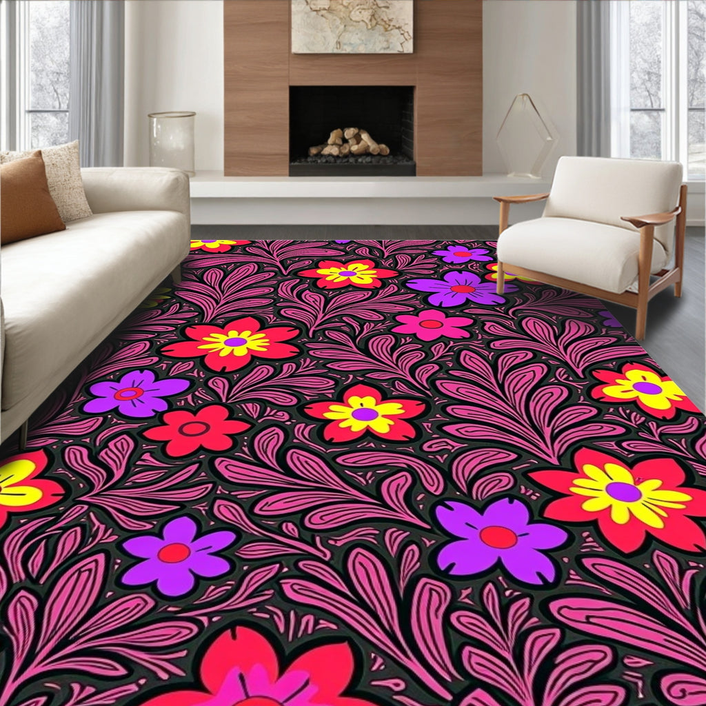 Vibrant Floral Foliage Red Yellow Purple Rug